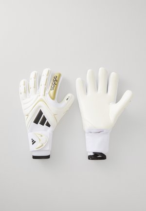 Gants de gardien de but blancs avec une texture de grip, accents noirs et dorés, paume en latex rembourrée et poignets élastiques pour un ajustement sécurisé.