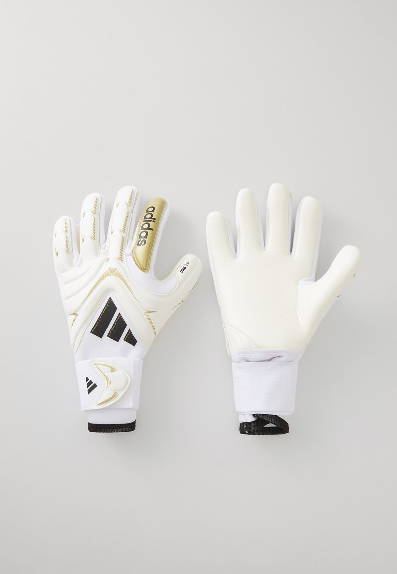 White goalkeeper gloves with a textured grip, black and gold accents, padded latex palm, and elastic cuffs for secure fit.