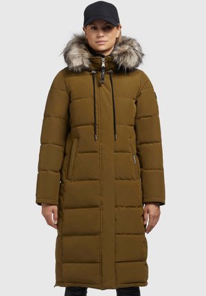 Long olive green puffer coat featuring a fur-lined hood, zip closure, and black accents. The coat has a quilted texture and side pockets.