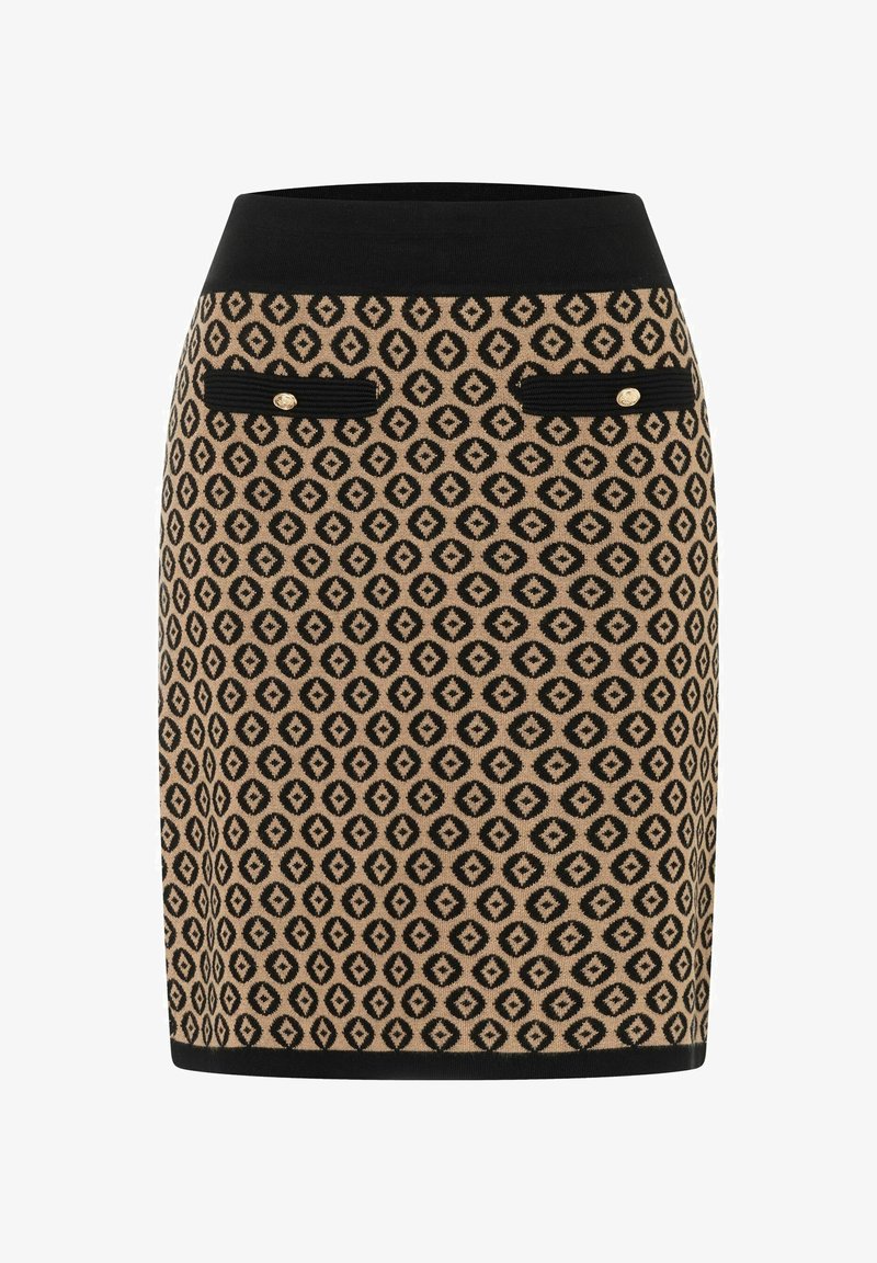 Jupe beige longueur genou avec motif losange géométrique noir, taille noire et deux petites poches décoratives noires avec boutons dorés.