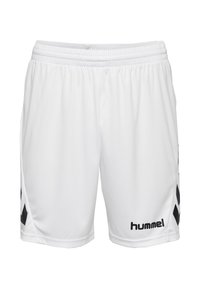 Witte atletiekshorts met elastische tailleband, zwarte chevronpatronen aan de zijkanten en het zwarte "hummel"-logo op het onderste rechterbeen.