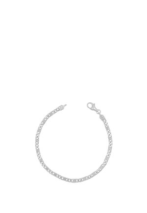 Bracciale a catena color argento con maglie piatte e interbloccate e chiusura a moschettone.