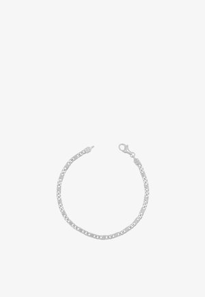 Bracciale a catena color argento con maglie piatte e interbloccate e chiusura a moschettone.