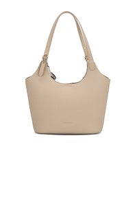 Borsa a spalla beige realizzata in pelle liscia. Parte superiore arrotondata, doppie spalline e logo in rilievo sul davanti. Design minimalista senza hardware visibile.