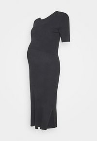 Tumman värinen ribattuja äitiysmekko, jossa on lyhyet hihat ja sivuhalkiot, suunniteltu mukavuutta varten raskauden aikana. Valmistettu venyvästä neulosmateriaalista.