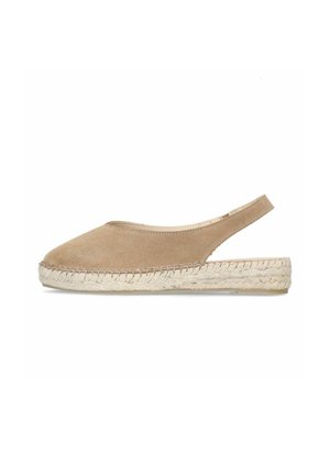 Beige suède espadrille met gesloten neus, slingbackbandje en gevlochten jute sleehakzool voor casual gebruik.