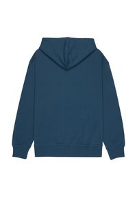 Tmavě petrolejová mikina s kapucí z měkké, texturované látky, s klokaní kapsou a nastavitelným stahovacím šňůrkou na kapuci. Žebrované lemy na rukávech a spodním okraji.