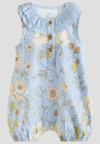 Light blue romper with floral print. Features a ruffled lace neckline, buttons at the front, and elasticized leg openings for comfort.