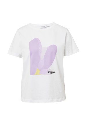 White short-sleeve t-shirt featuring a lavender flower graphic in light purple and yellow. Text reads "lavender." Soft cotton material.