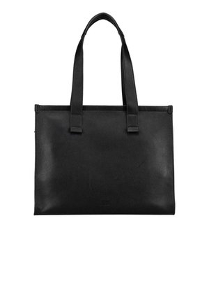 Schwarze Leder-Tote mit zwei flachen Griffen, rechteckiger Form und subtil strukturierter Oberfläche, zum Tragen in der Hand oder über der Schulter entworfen.