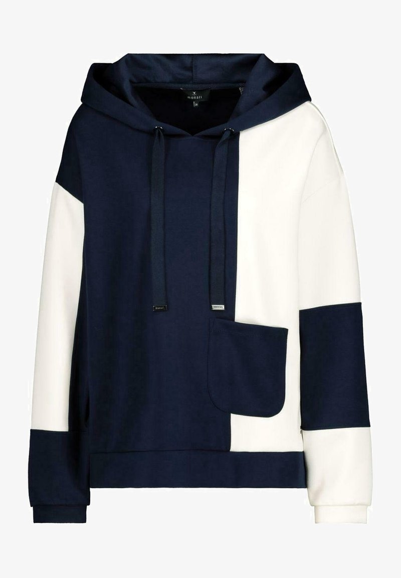 Mikina s kapucí v modro-bílém barevném bloku, vyrobená z měkké bavlny, s přední kapsou a nastavitelnými šňůrkami. Má pohodlný volný střih.