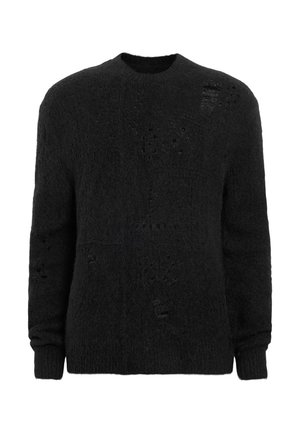 Maglione nero realizzato in morbido tessuto testurizzato; presenta un collo a giro e dettagli strappati visibili su tutta la parte anteriore e sulle maniche.