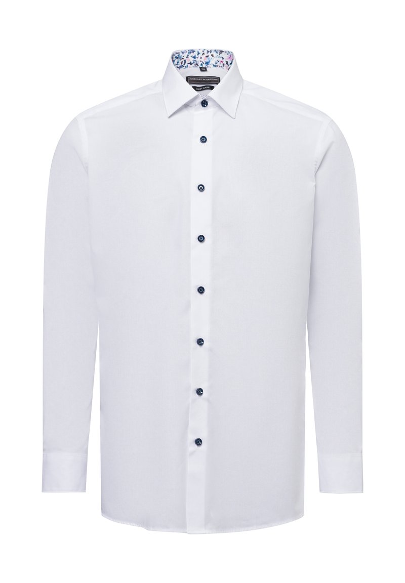 Weißes Langarmhemd mit Kragen, ausgestattet mit blauen Knöpfen und einem floralen Innenmuster. Glattes Material mit klassischer Passform.