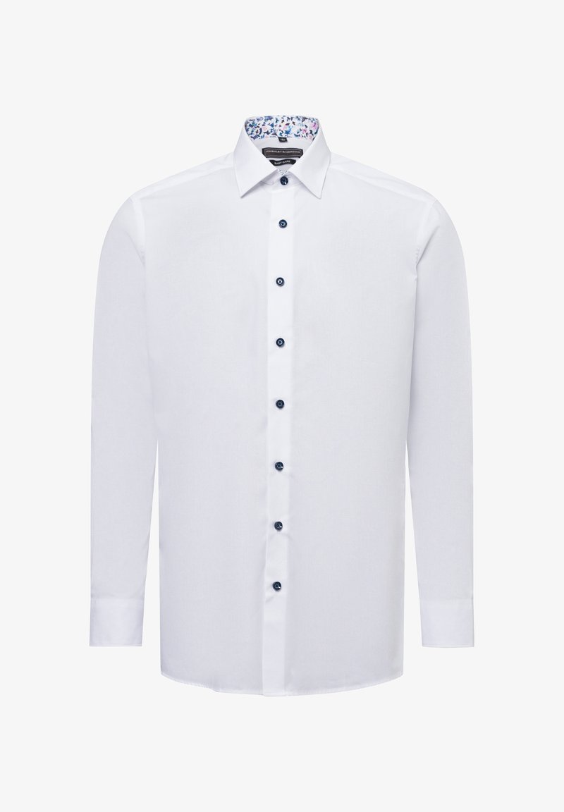 Weißes Langarmhemd mit Kragen, ausgestattet mit blauen Knöpfen und einem floralen Innenmuster. Glattes Material mit klassischer Passform.