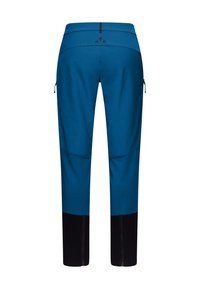 Blauwe technische outdoorbroek met een zwart onderste gedeelte, zijkleppen en een elastische taille. Heeft een logo op de achterkant. Gladde textuur.