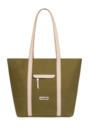 Olijfgroene canvas draagtas met beige leren handvatten, voorvak met rits en rechthoekige metalen merkplaat.