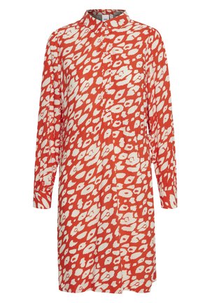 Rotes Kleid mit einem weißen abstrakten Muster, ausgestattet mit einem Langarmdesign, Knopfleiste und einem Kragen. Leichter Stoff.