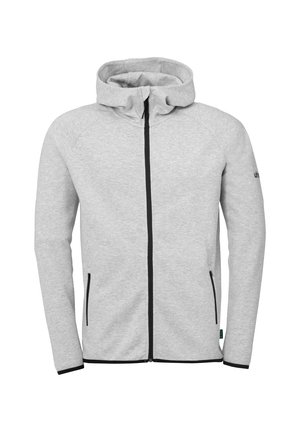 Grå hættetrøje med lynlås lavet af et blødt stof. Har en hætte, sort lynlås og sidelommer. Glat tekstur med en tætsiddende design.