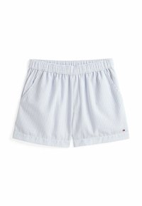 Lichtblauwe en witte gestreepte shorts met een elastische tailleband, zijzakken en een logo-accent op de onderrand. Zachte stofstructuur.