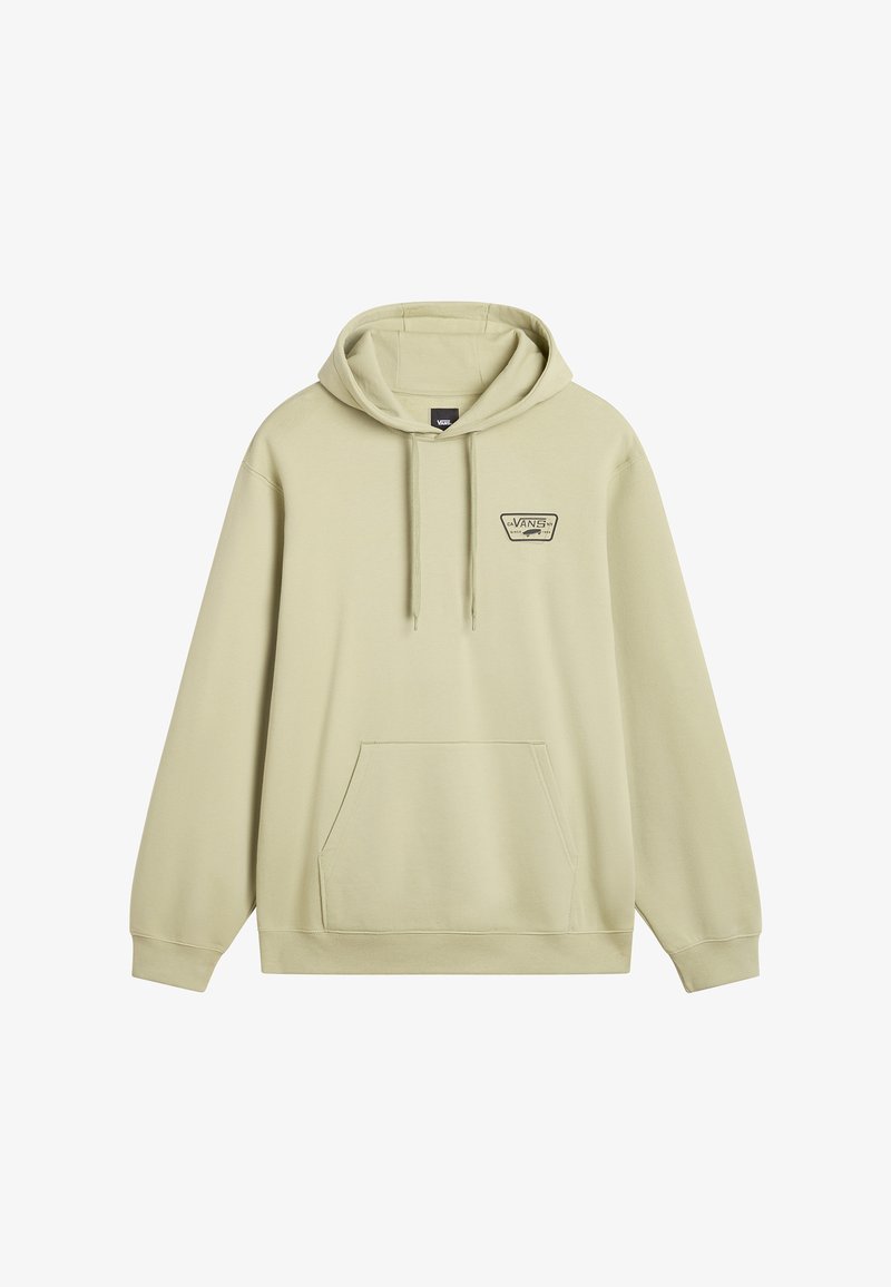 Hoodie vert clair en tissu doux, avec une poche frontale, un capuchon à cordon de serrage et un petit logo Vans noir sur la poitrine.