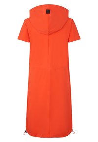 Abito a maniche corte con cappuccio di un vivace arancione, realizzato in tessuto leggero. Presenta una vestibilità rilassata, tasche laterali e un orlo regolabile con laccetti.