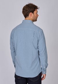Chemise à manches longues pour homme en motif à carreaux bleu clair et bleu foncé. Dotée d'un col boutonné et de poignets boutonnés avec un ourlet arrière droit.