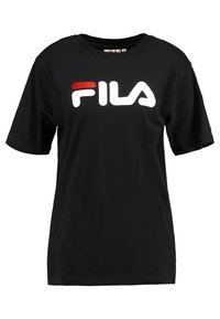 T-shirt noir à manches courtes en coton. Avec un grand logo "FILA" blanc et rouge sur le devant. Encolure ronde, coupe décontractée.