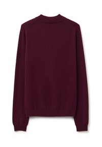 Maglione a maglia color bordeaux con collo rotondo e polsini a coste. Presenta una texture liscia e una silhouette aderente. Vista posteriore mostrata.