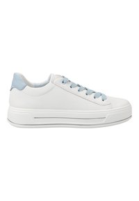 Baskets en cuir blanc avec accents bleu clair, finition texturée, bout rond, design à lacets et semelle blanche épaisse avec une bande argentée.
