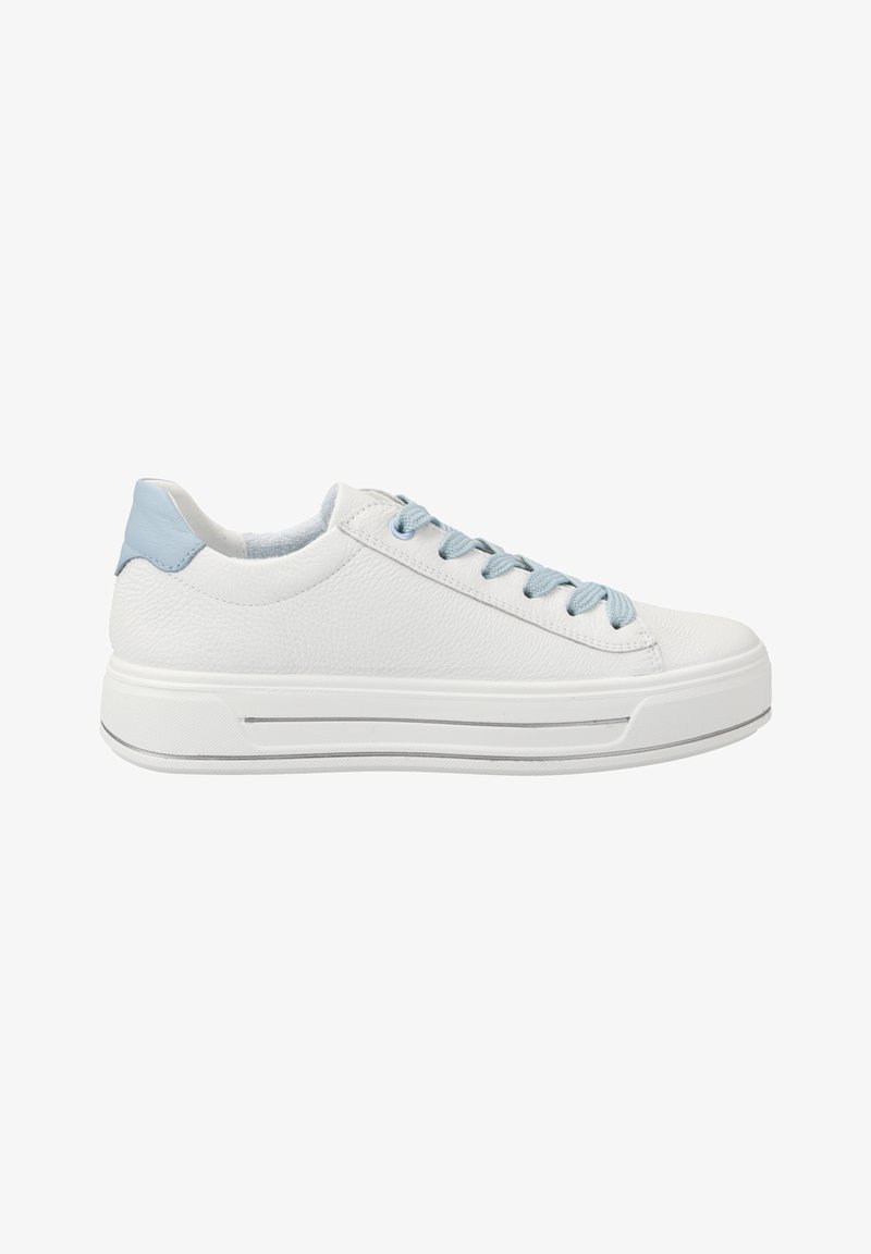 White leather sneaker with light blue accents, textured finish, round toe, lace-up design, and a thick white sole featuring a silver stripe.