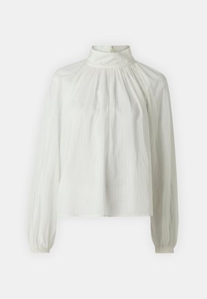 Witte blouse met lange mouwen, hoge kraag, geplisseerd ontwerp, licht gestructureerde stof, geraffineerde schouders en elastische manchetten.