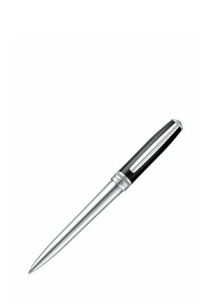Srebrny długopis kulkowy z czarną nasadką i klipsem, przedstawiony na białym tle pod lekkim kątem.