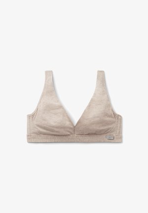 Beżowy biustonosz w kształcie trójkąta wykonany z miękkiego materiału. Posiada szerokie ramiączka i szew wzdłuż obwodu pod biustem. Minimalistyczny design, bez wyściółki.