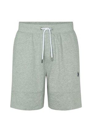 Grå bomullsshorts med elastisk midje, hvit snøring, og liten svart logo på venstre bein. Glatt tekstur, midt på låret lengde.