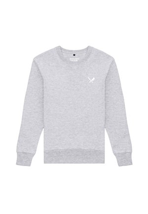 Sivá mikina z bavlnenej zmesi, s okrúhlym výstrihom, rebrovanými manžetami a lemom, s malým bielym motívom prekrížených príborov na ľavej strane hrudníka.