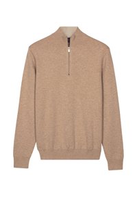 Beige pullover trui met een hoge kraag, halve rits, lange mouwen en geribbelde manchetten en zoom. De trui is gemaakt van een zachte, gestructureerde stof.