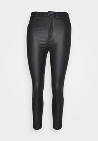 Zwarte hoge taille skinny jeans gemaakt van gladde, rekbare stof. Voorzien van een rits aan de voorkant, knoopsluiting en een klassieke vijf-pocketontwerp.