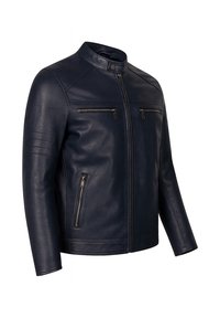 Marineblaue Ledermantel mit hohem Kragen, zwei Brustzippers und zwei Seitentaschen; bietet eine glatte Textur und eine taillierte Passform.