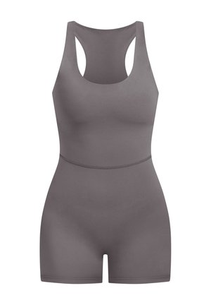 Body grigio con design aderente, stile racerback, costruzione senza cuciture e materiale morbido e elastico, adatto per l'abbigliamento attivo.