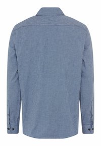Long-sleeve shirt in blue checkered pattern, featuring a soft fabric, a classic collar, and buttoned cuffs for adjustable fit.