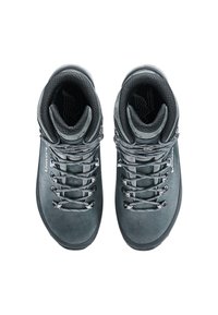 Dunkelgraue Wanderschuhe mit hohem Knöchelschutz, Obermaterial aus Wildleder und Synthetik, strukturierte Zunge und Metall-Schnürhardware.