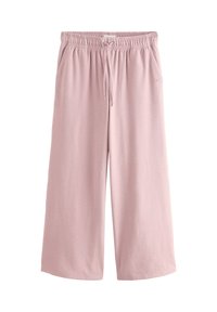 Pink, wide-leg pants made from soft fabric. Features an elastic waistband with a drawstring and side pockets. Smooth texture.