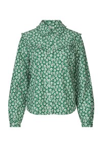 Chemise vert à boutons, ornée d'un motif floral, à manches longues, avec poches sur la poitrine et col pointu. Le tissu a une texture lisse.