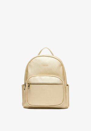 Small gold faux leather backpack with front zip pocket, side pockets, top handle, and "LASOCKI" logo on front.
