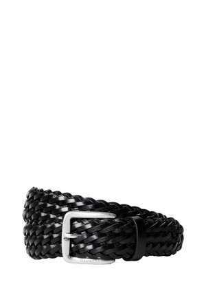 Black braided leather belt rolled with silver rectangular metal buckle on white background.