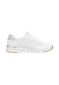 White sneaker with a woven texture, beige accents, synthetic upper, and rubber sole. Features a lace-up closure and a cushioned insole.