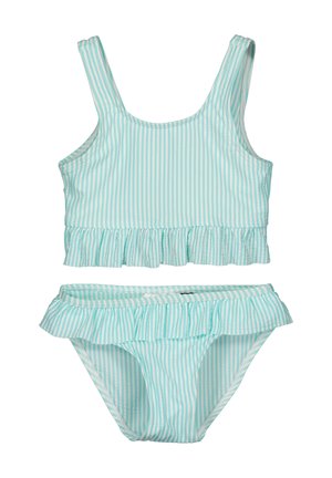 Maillot de bain deux pièces rayé bleu clair et blanc avec un ourlet à volants sur le haut et le bas, bretelles réglables et coupe ajustée.