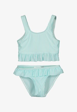 Maillot de bain deux pièces rayé bleu clair et blanc avec un ourlet à volants sur le haut et le bas, bretelles réglables et coupe ajustée.