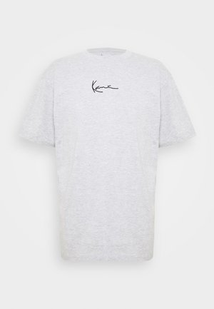 Gray short-sleeve t-shirt made from cotton. Features a crew neck and a black handwritten-style logo on the front. Soft texture.