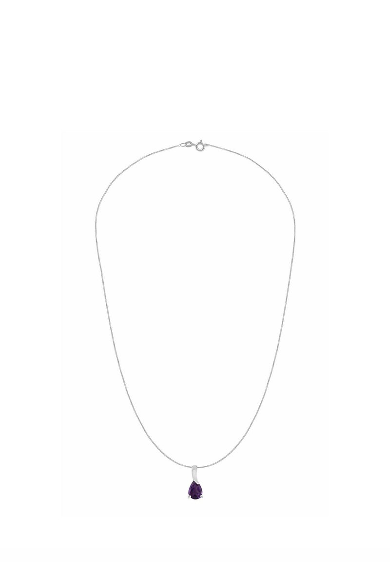 Strieborný náhrdelník s príveskom v tvare slzy s fialovým drahokamom. Ľahký dizajn s jednoduchým zapínaním.